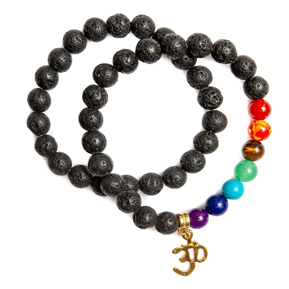 Set of Black Natural Lava Stretch Bracelet with and 1 Chakra Quartz Bracelet - Picture 2 of 3